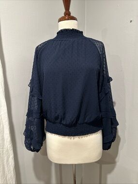 Navy Blue Swiss Dot Sheer Ruffle Trim Blouse Size 6